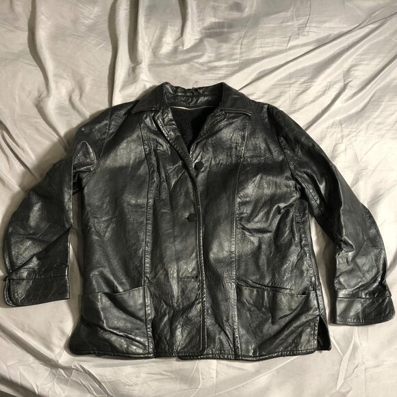 Women's Leather Jacket Black Blazer 8-10 Collared Button Front Classic - Picture 16 of 16